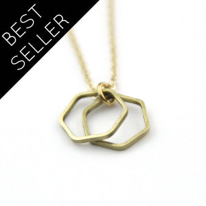 Gold Brass Double Hexagon - Brass Stamped Necklace