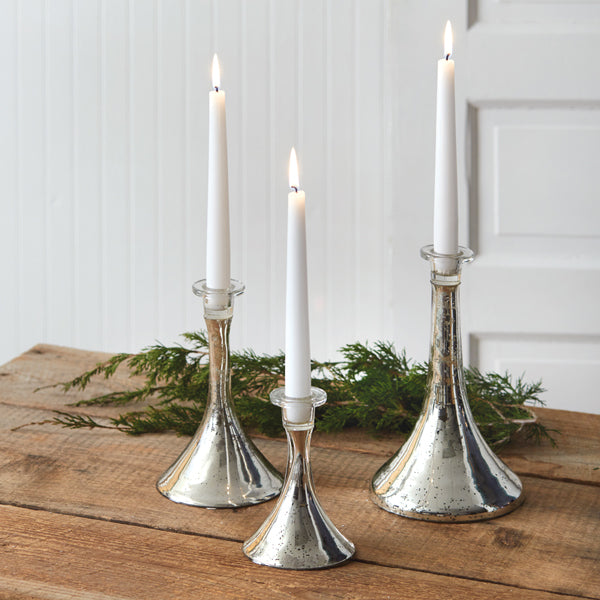 Set of Three Silver Mercury Glass Taper Candle Holders