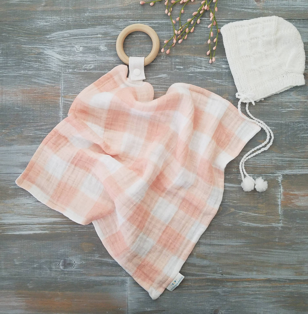 Teething Lovey- Pink and White Buffalo Plaid