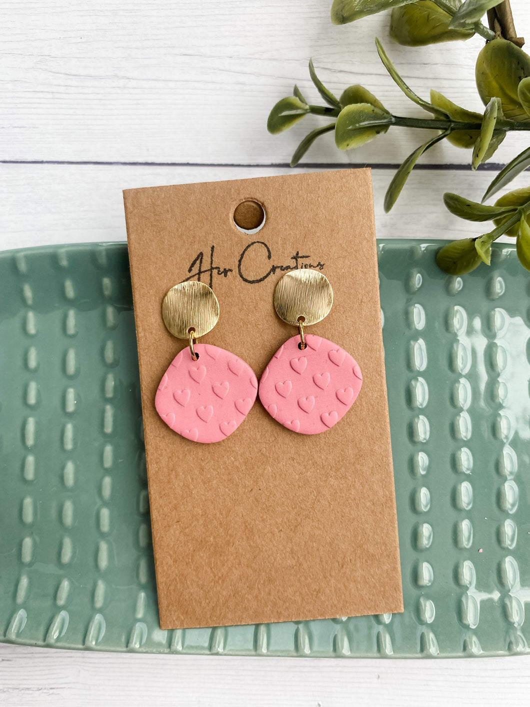Pink Clay Earring with Heart Pattern