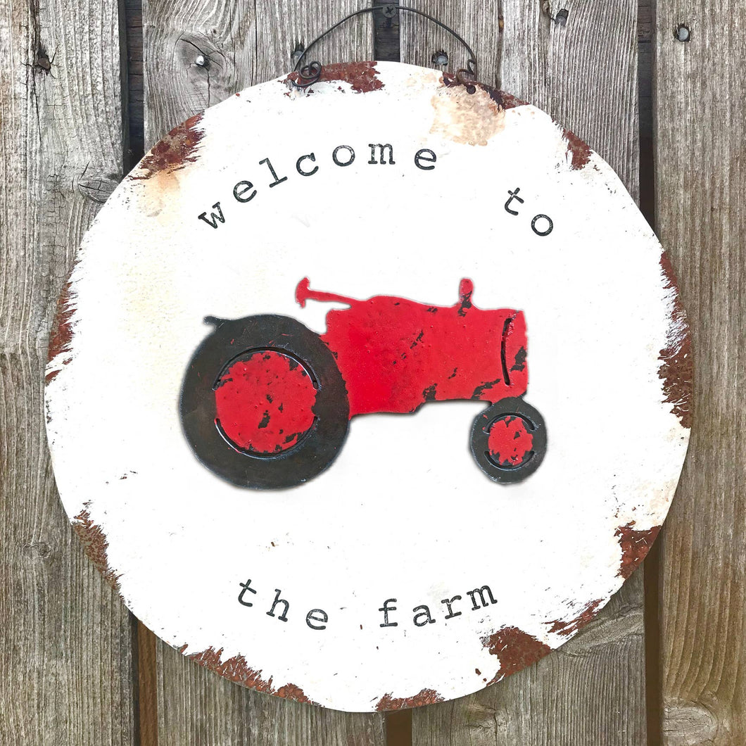 Welcome To The Farm Sign With Vintage Tractor Cut Out