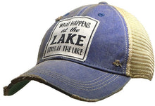 Load image into Gallery viewer, What Happens At The Lake Stays At The Lake Distressed Trucker Cap